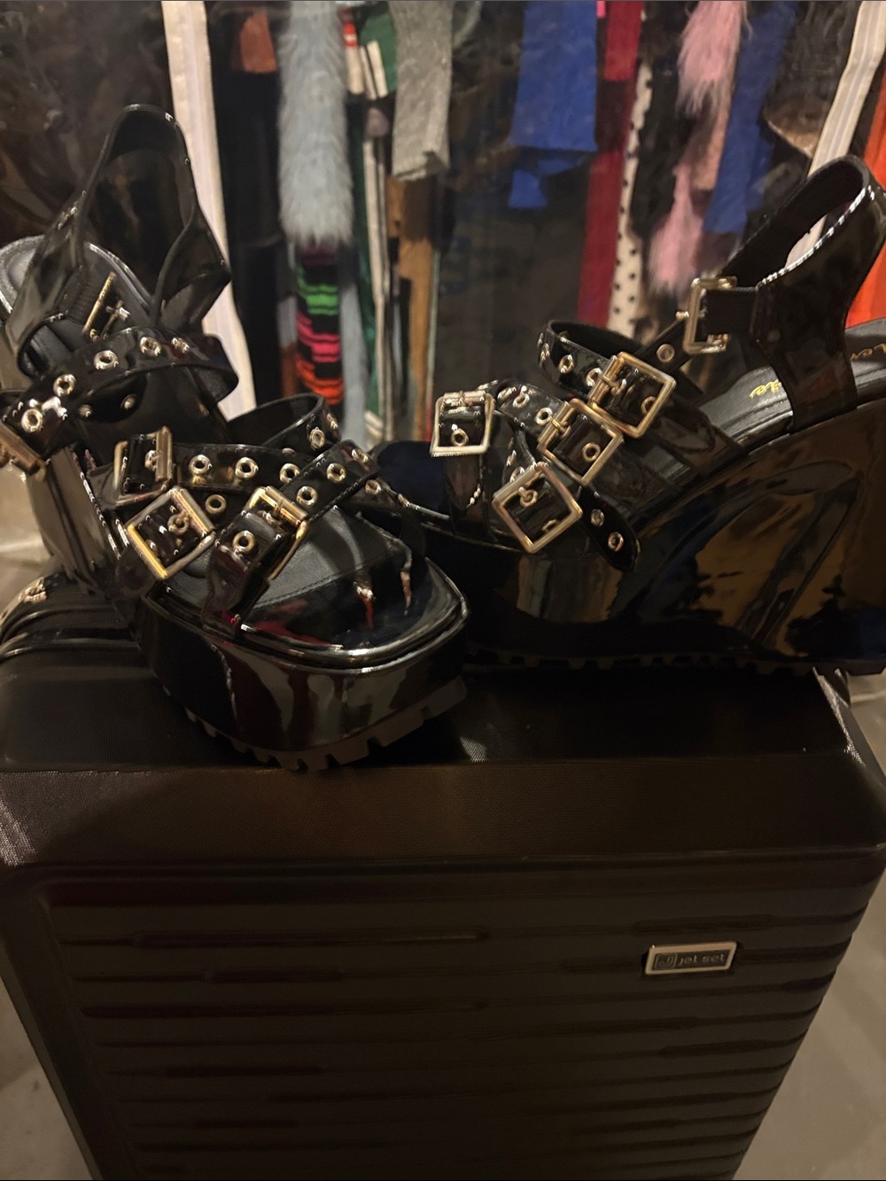 Lemonade Black Patent Multi-Strap Studded Platform Sandals size 7.5/8 - Picture 3 of 5